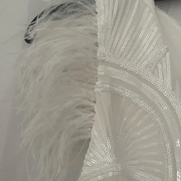 Fashion Nova Ivory Beaded V-Neck Wedding Gown with Feather Shoulders - Picture 4 of 9